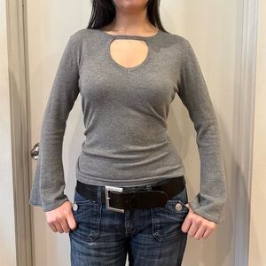 Vintage Gray Women's Knit Top with Keyhole Design